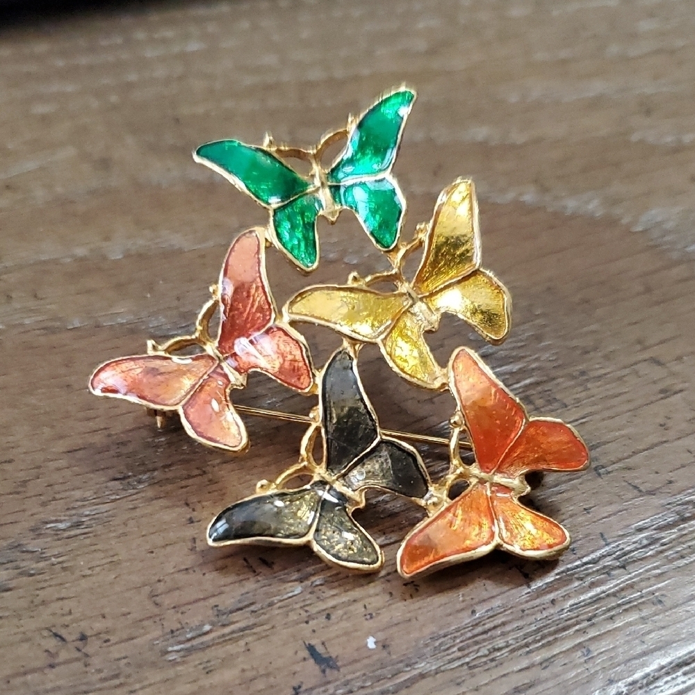 Elegant Butterfly brooch -enamel Gold, Green, Yellow, Orange, Black